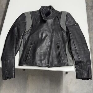 womans Black Leather yamaha Motorcycle Jacket Grey Accordion Ribbed Panels Biker